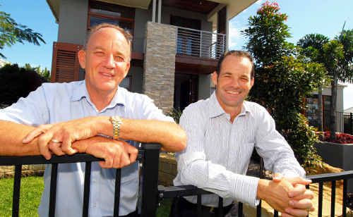 Housing estate marketers Lance Cotterill and Dale Scotcher at the 80th house Metricon Homes have built in Seabreeze estate near Pottsville. Housing estate marketers Lance Cotterill and Dale Scotcher at the 80th house Metricon Homes have built in Seabreeze estate near Pottsville.
